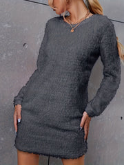  Solid Fuzzy Long Sleeve Round Neck Bodycon Midi Dress