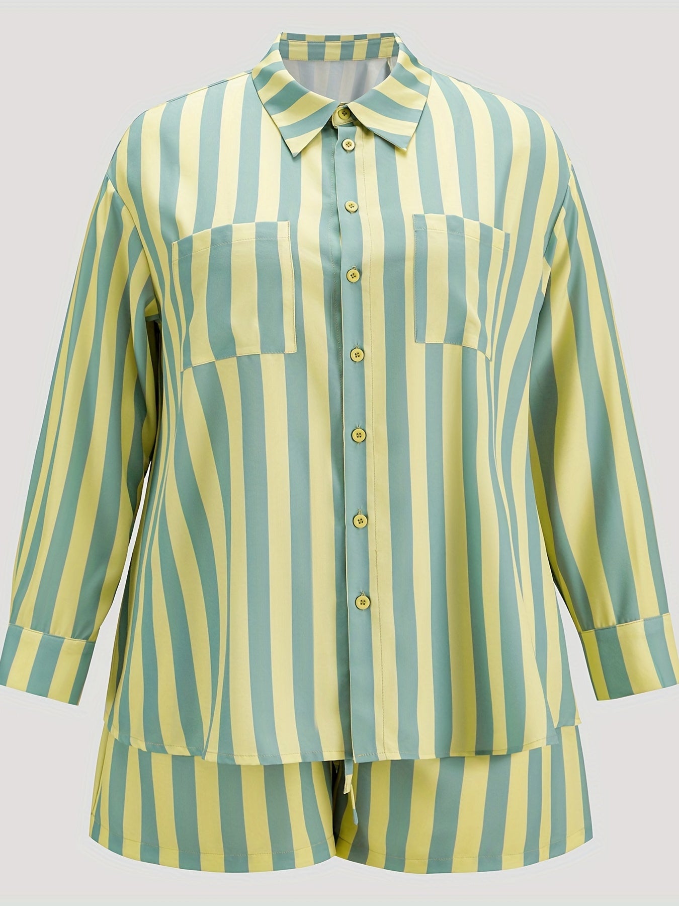  Stripe Print Button Up Blouse & Shorts 2pc Set