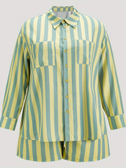  Stripe Print Button Up Blouse & Shorts 2pc Set