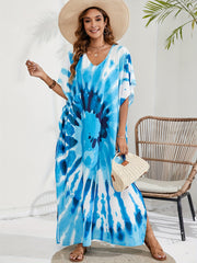  Boho Tie Dye Print Batwing Sleeve Maxi Cover Up Dress