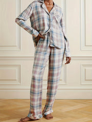  Plaid Print Button Up Shirt & Pants Pajama Set