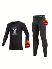 2pcs Kids Compression Fleece Sets Cartoon Pattern Long Sleeve Crew Neck Pullover
