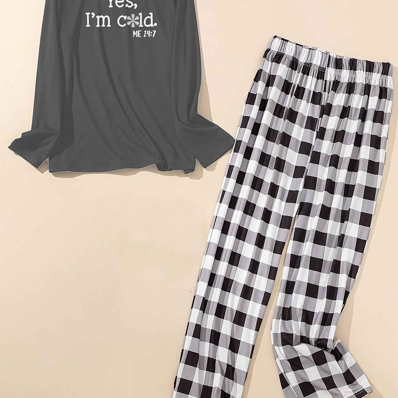 Snowflake Slogan Print Tee & Plaid Pants Pajamas Set