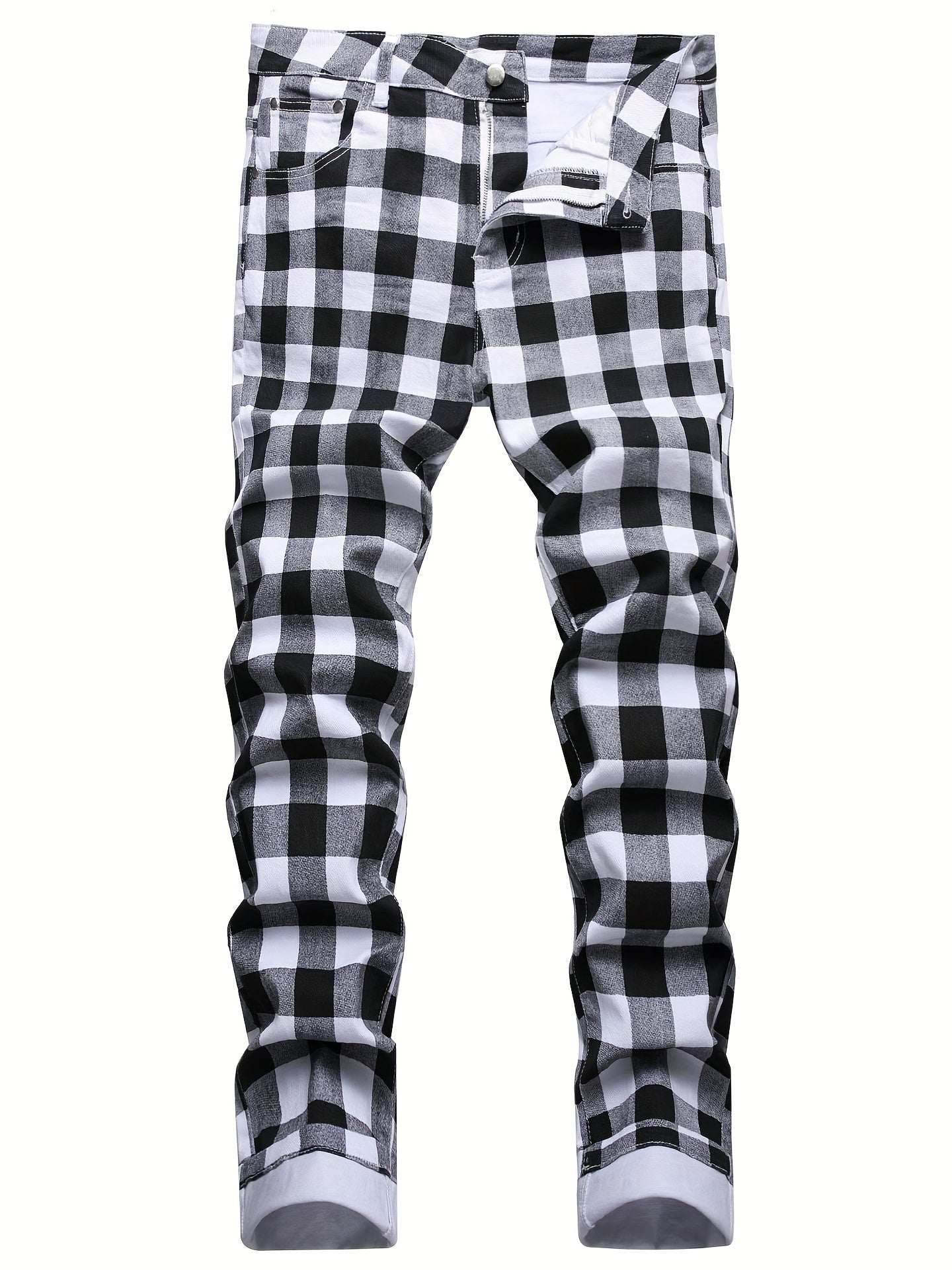 Y2K Plaid Pattern Slim Fit Jeans Vintage Style Stretch Denim Pants