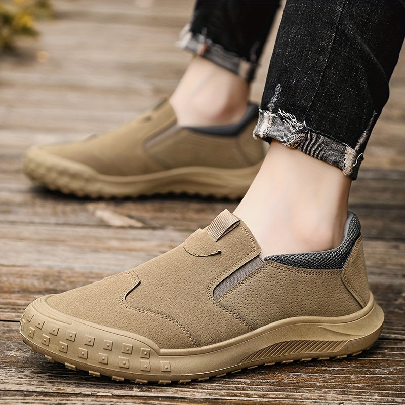 Men Slip On Sneakers Work Shoes Sporty Outdoor Khaki Faux Suede Hiking Shoes