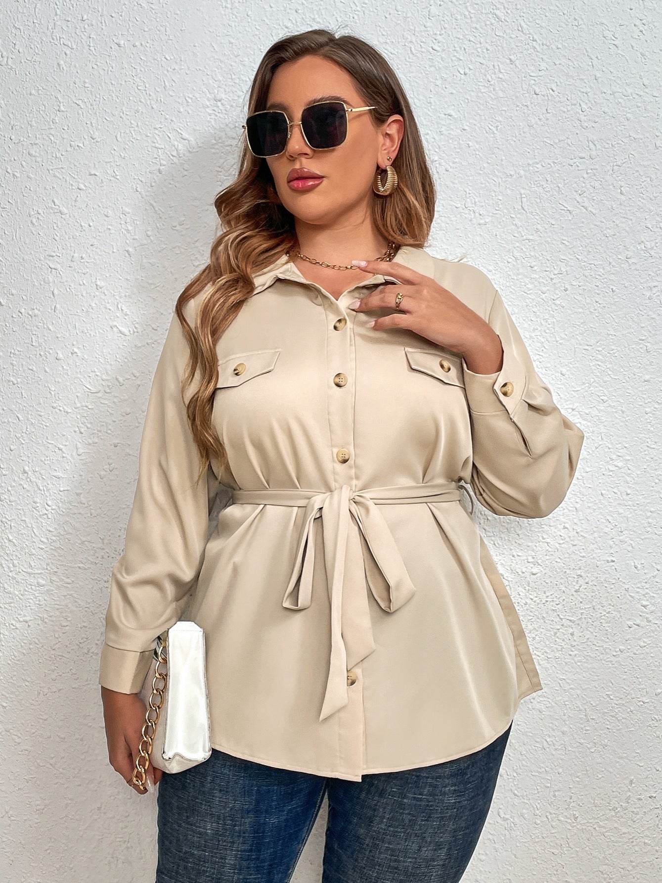  Apricot Long Sleeve Shirt Button Up Belted Blouse