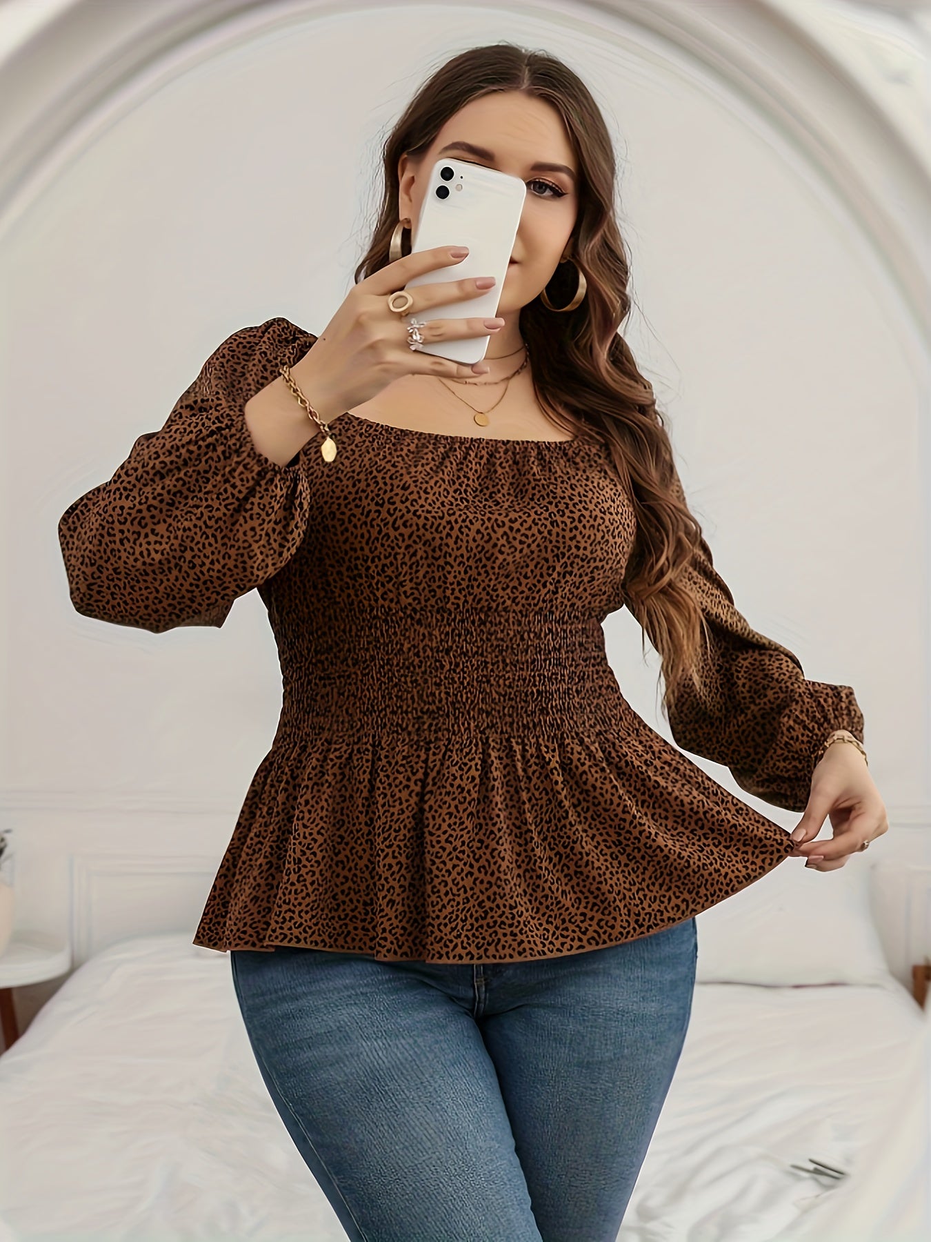  Leopard Print Peplum Shirt Top