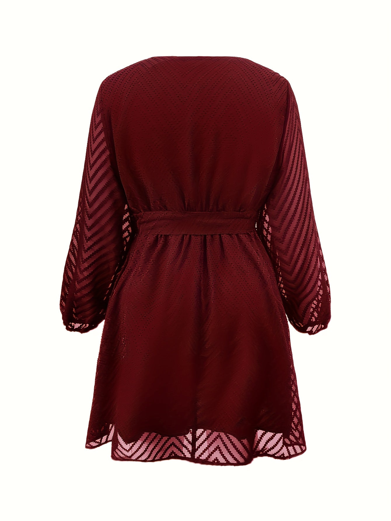  Chevron Print Mesh Lantern Sleeve Layered Dress With Belt
