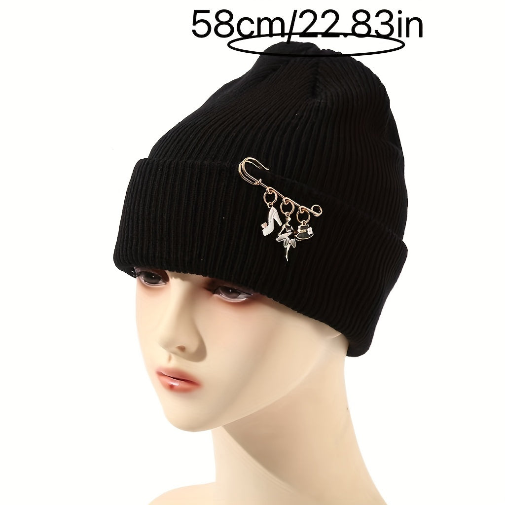 Detachable Brooch Couple Beanie Knitted Skull Hat Unisex Warm Ski Hat