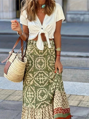  Boho Skirt Colorblock Print High Rise Maxi Smock Skirt