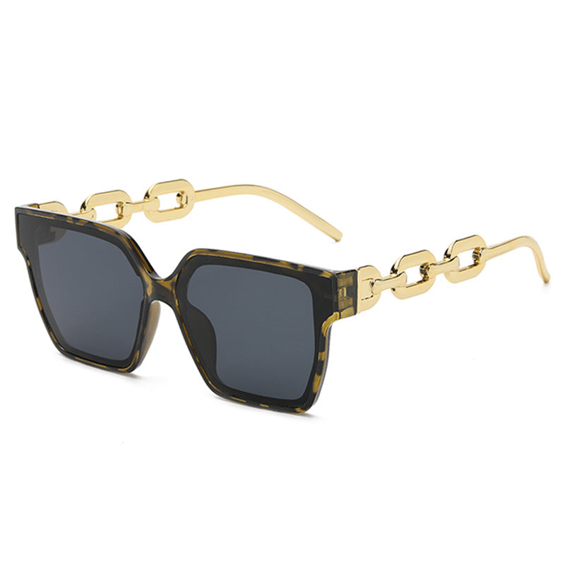 Vintage Oversize Square Frame Sunglasses Metal Chain Temple