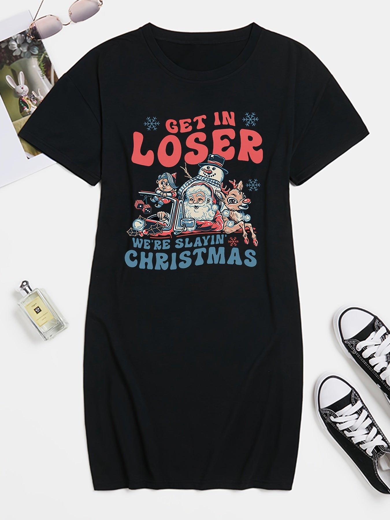  Christmas Casual Dress Women's Plus Slogan & Graphic Print Tee Dress