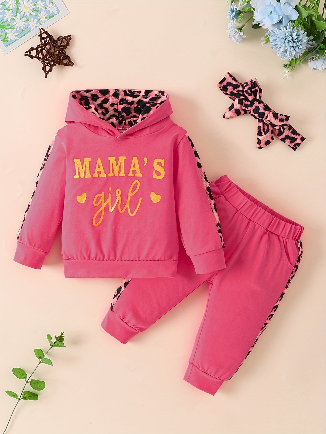 3pcs Baby Girls Hoodie Set Leopard Print Sweatshirt Pants Headband