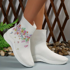 Floral Print Knitted Ankle Boots Slip On Comfortable Walking Shoes