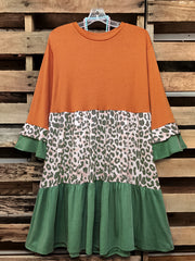 Colorblock Leopard Print Layered Sleeve Smock Dress