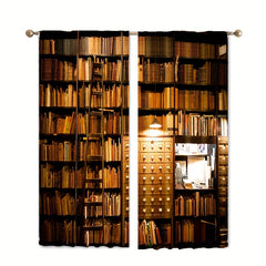 2pcs Bookshelf Print Curtains for Study Room Rod Pocket Window Drapes