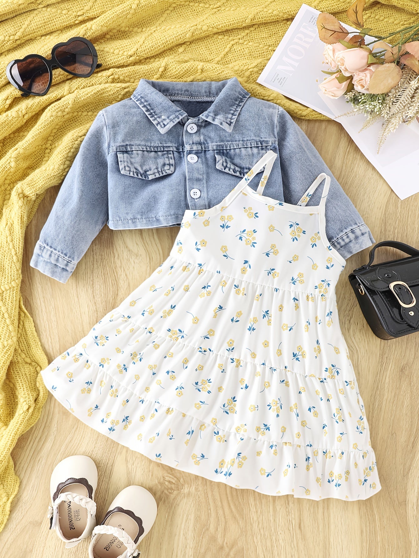 Baby Girls Stylish Denim Short Coat & Floral Print Suspender Dress Set
