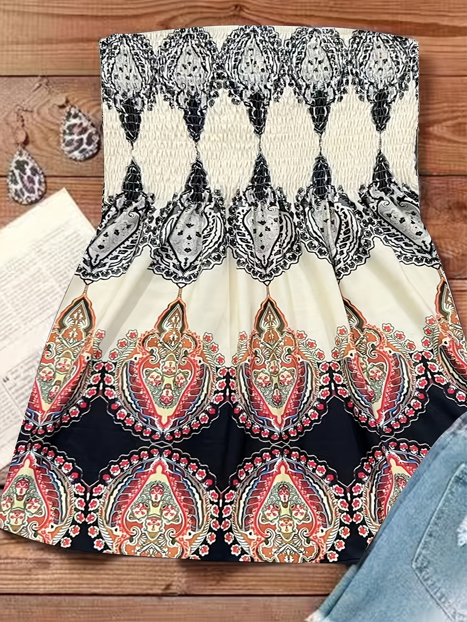 Ethnic Print Tube Top Sexy Shirred Ruffle Trim Summer Sleeveless Top