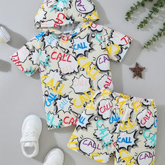 2pcs Little Boy Casual Call Graphic Hooded Short Sleeve Tees & Shorts Set