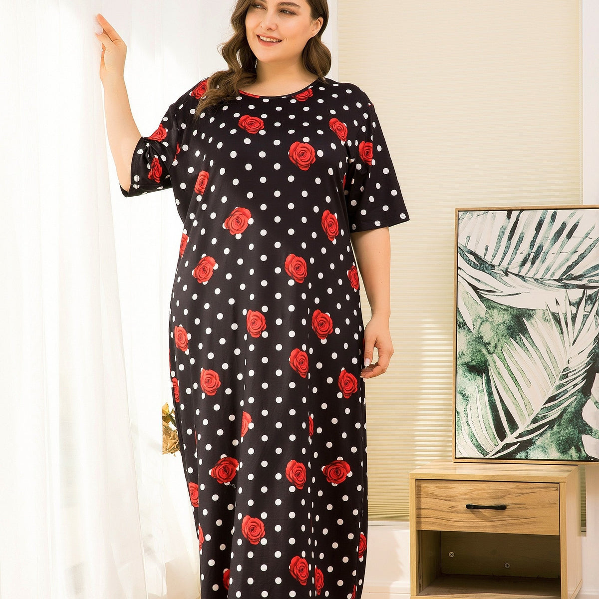  Nightdress: Rose & Dot Print Round Neck Sleep Dress