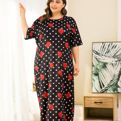  Nightdress: Rose & Dot Print Round Neck Sleep Dress