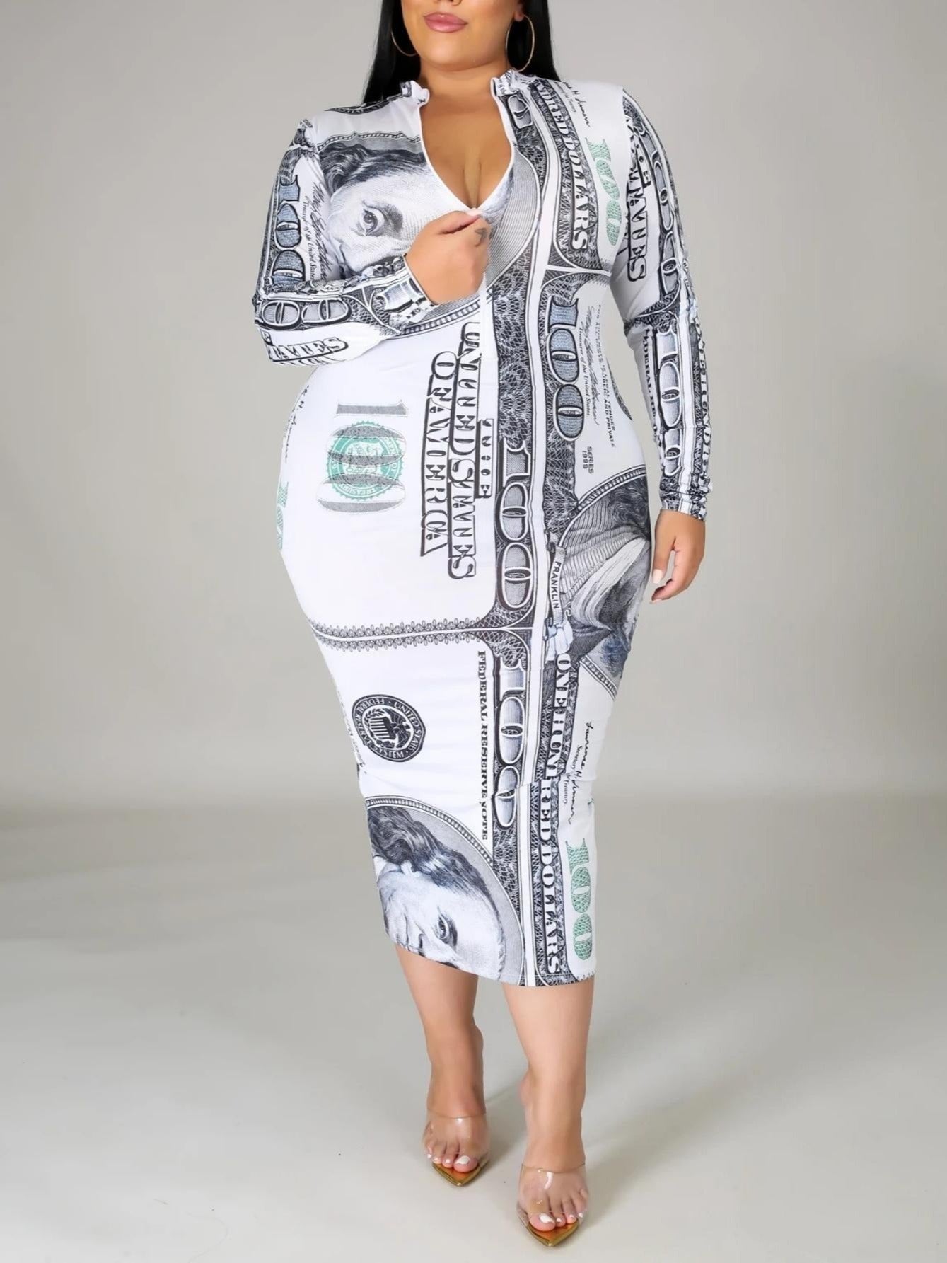 Women's Plus Size Casual Dollar Print Long Sleeve Dress