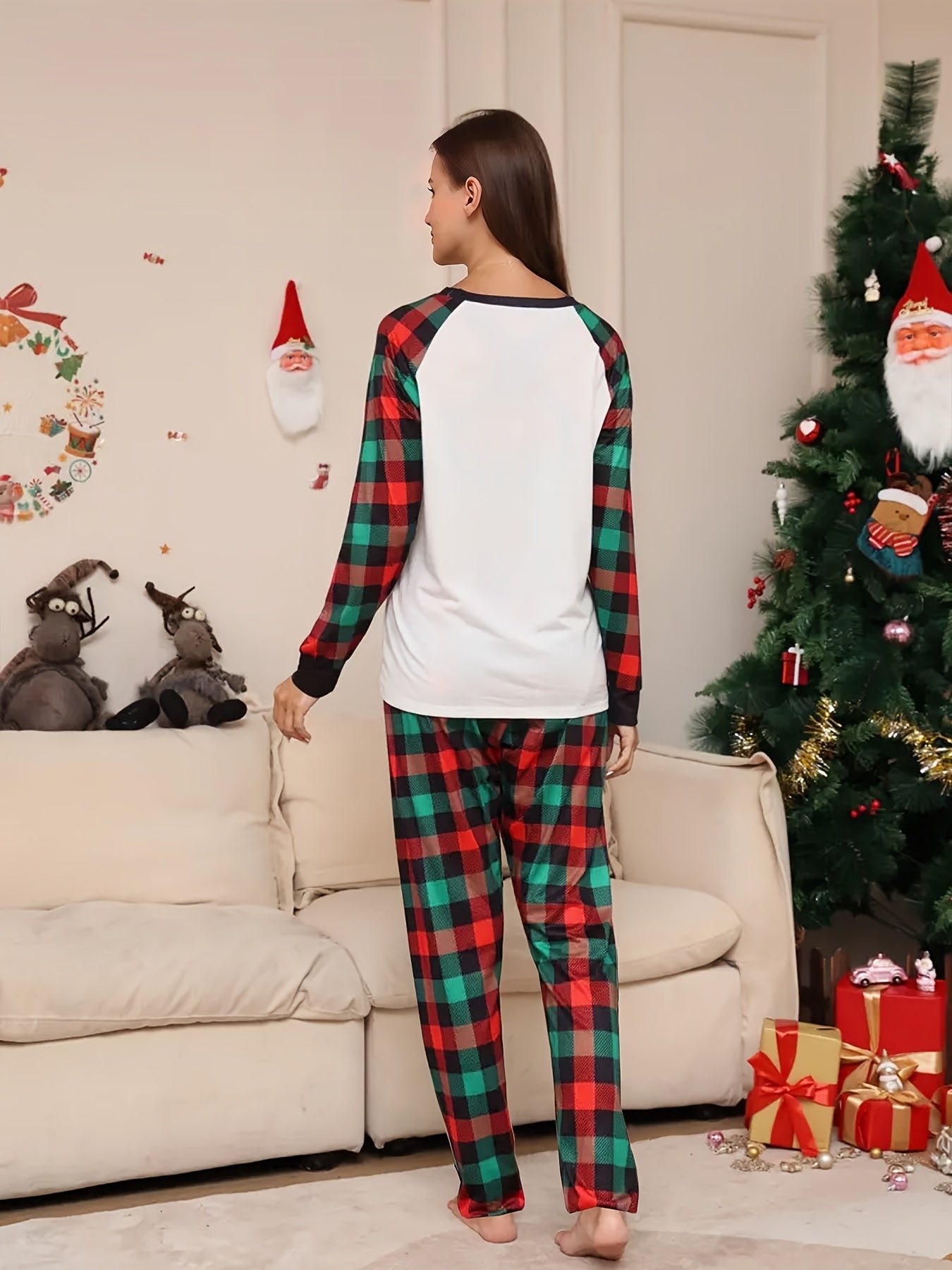 Christmas Elk Print Lounge Set Crew Neck Top & Plaid Pants Women's Loungewear