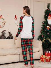 Christmas Elk Print Lounge Set Crew Neck Top & Plaid Pants Women's Loungewear