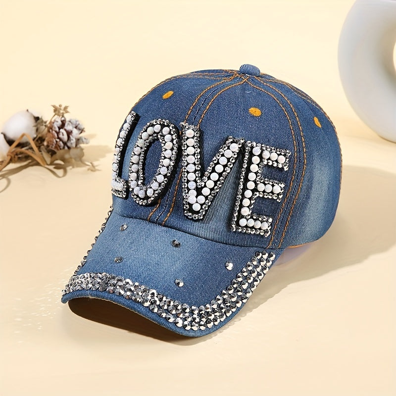 Denim Baseball Cap Faux Pearl Rhinestone Decor LOVE Distressed Sun Hat