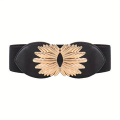 Vintage Golden Leaf Buckle Belt Elastic Wide Waistband for Women