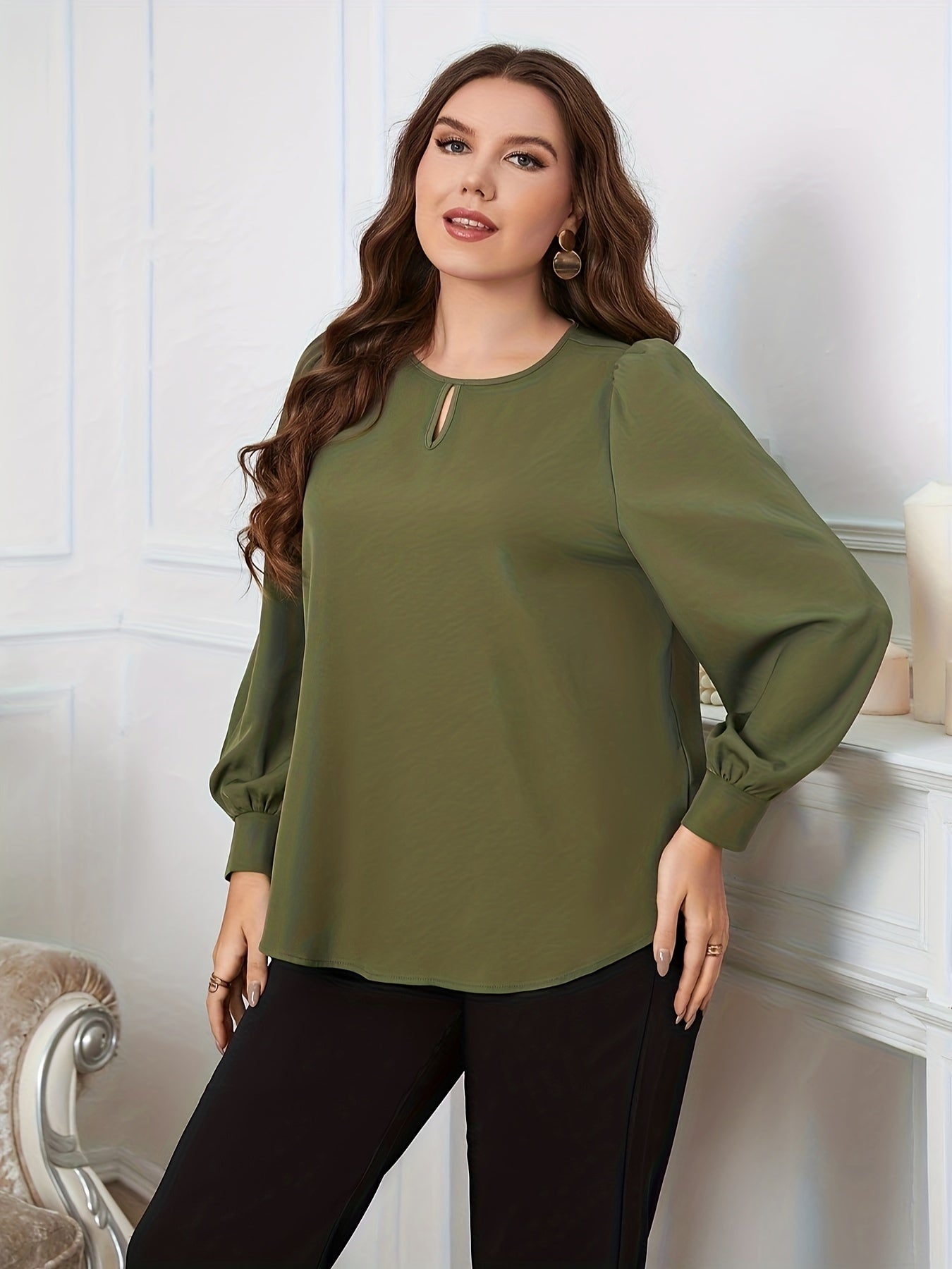  Solid Long Sleeve Keyhole Blouse