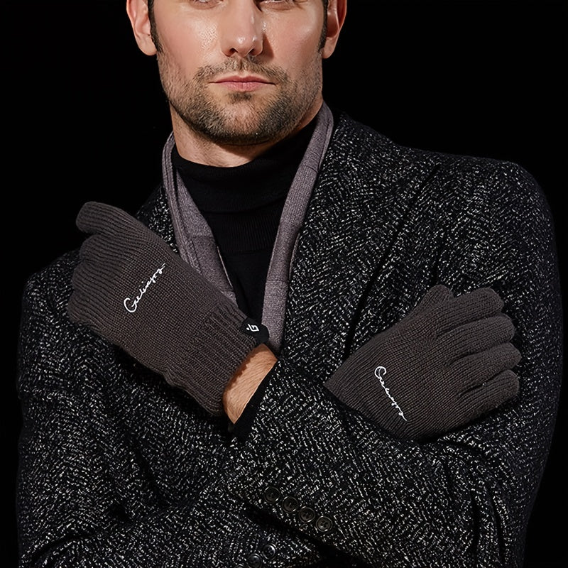 Men's Winter Knit Gloves Double Layer Hand Cover Windproof & Warm Fleece