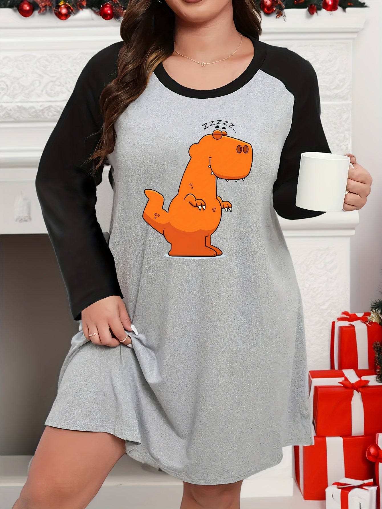  Sleepy Dinosaur Raglan Long Sleeve Lounge Dress