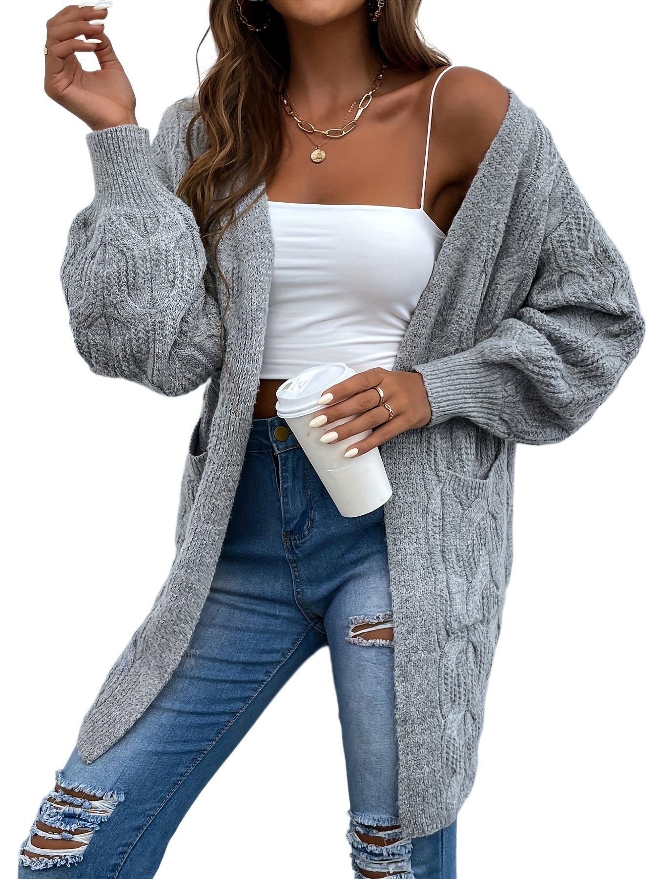 Warm Open Front Cardigan with Pockets for Women