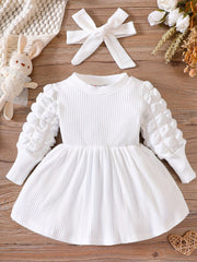 Baby's Pleated Long Sleeve Dress Set with Headband
