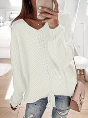  Casual Sweater Women's Plus Solid V Neck Lace Up Pullover Jumper