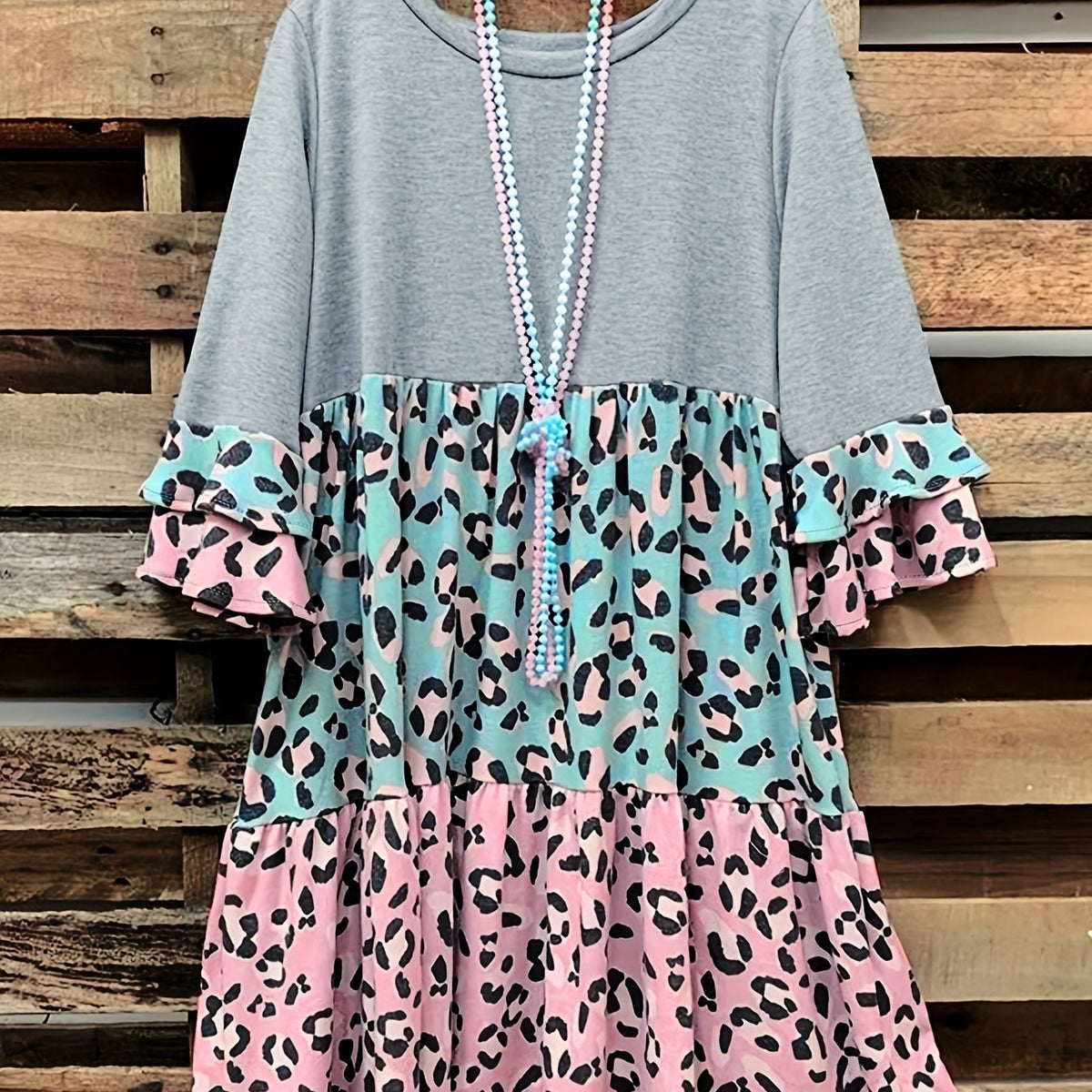  Colorblock Leopard Print Layered Sleeve Smock Dress