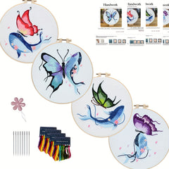 4pcs Whale & Butterfly Embroidery Kit for Beginners, Hoop, Threads, Needles
