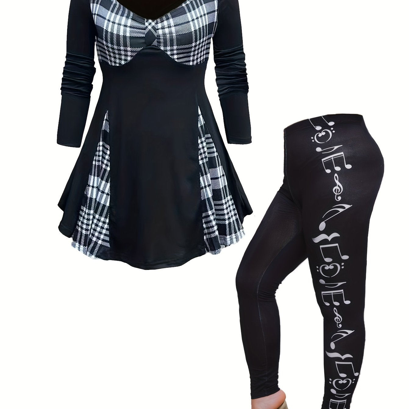  Colorblock Plaid Long Sleeve Top & Leggings Set