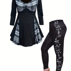  Colorblock Plaid Long Sleeve Top & Leggings Set