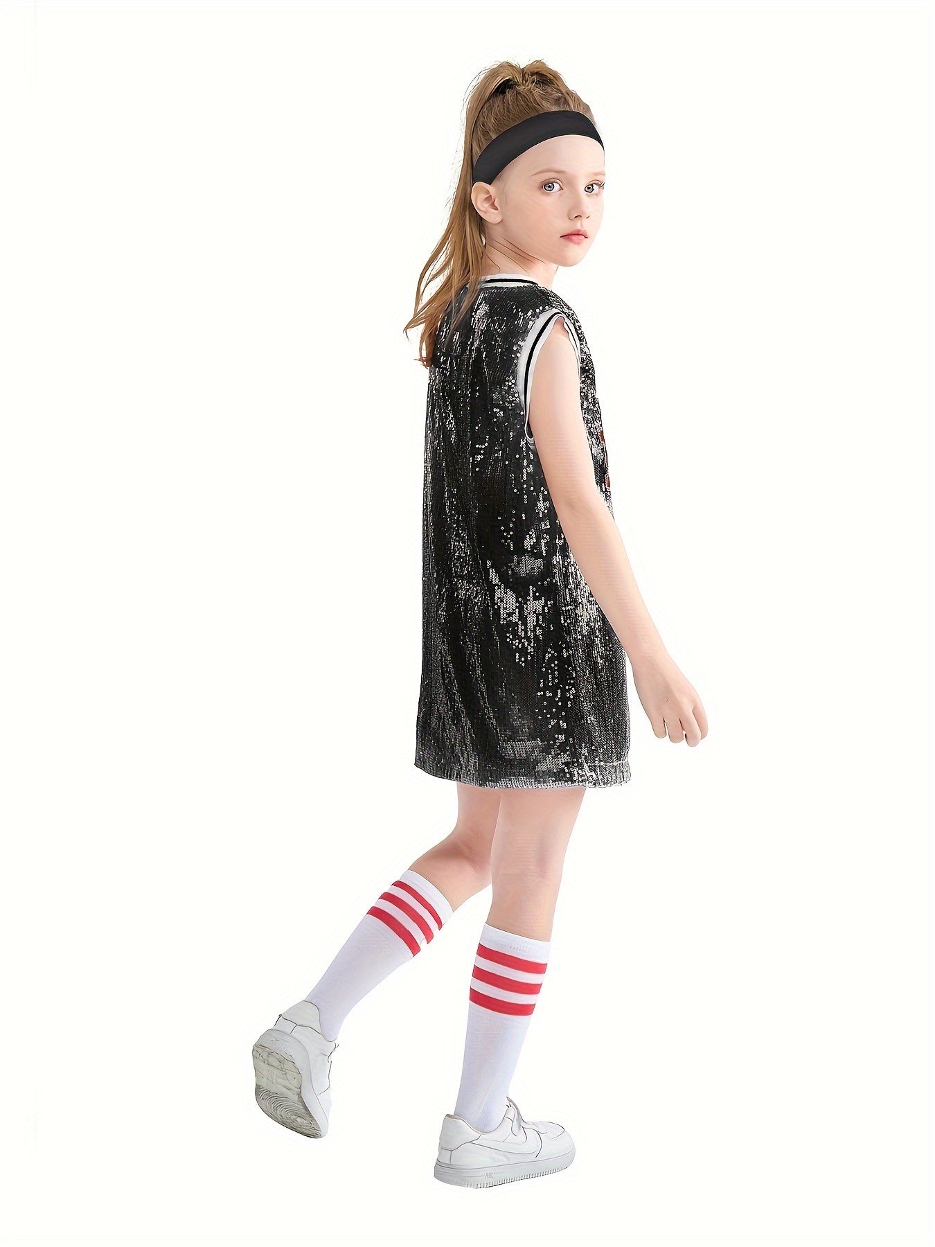 Girls Sequin Sleeveless T shirt Dress Socks Set For Dance Performance