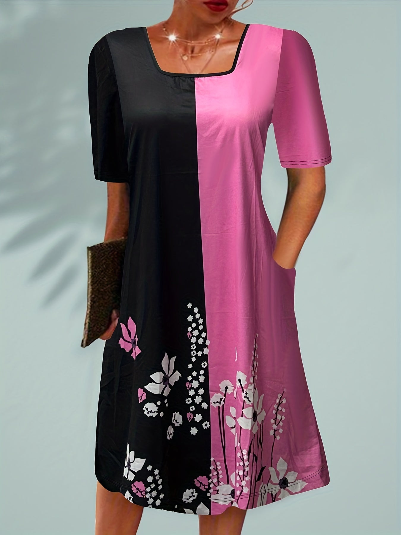  Colorblock Floral Print Short Sleeve Dress with Pockets