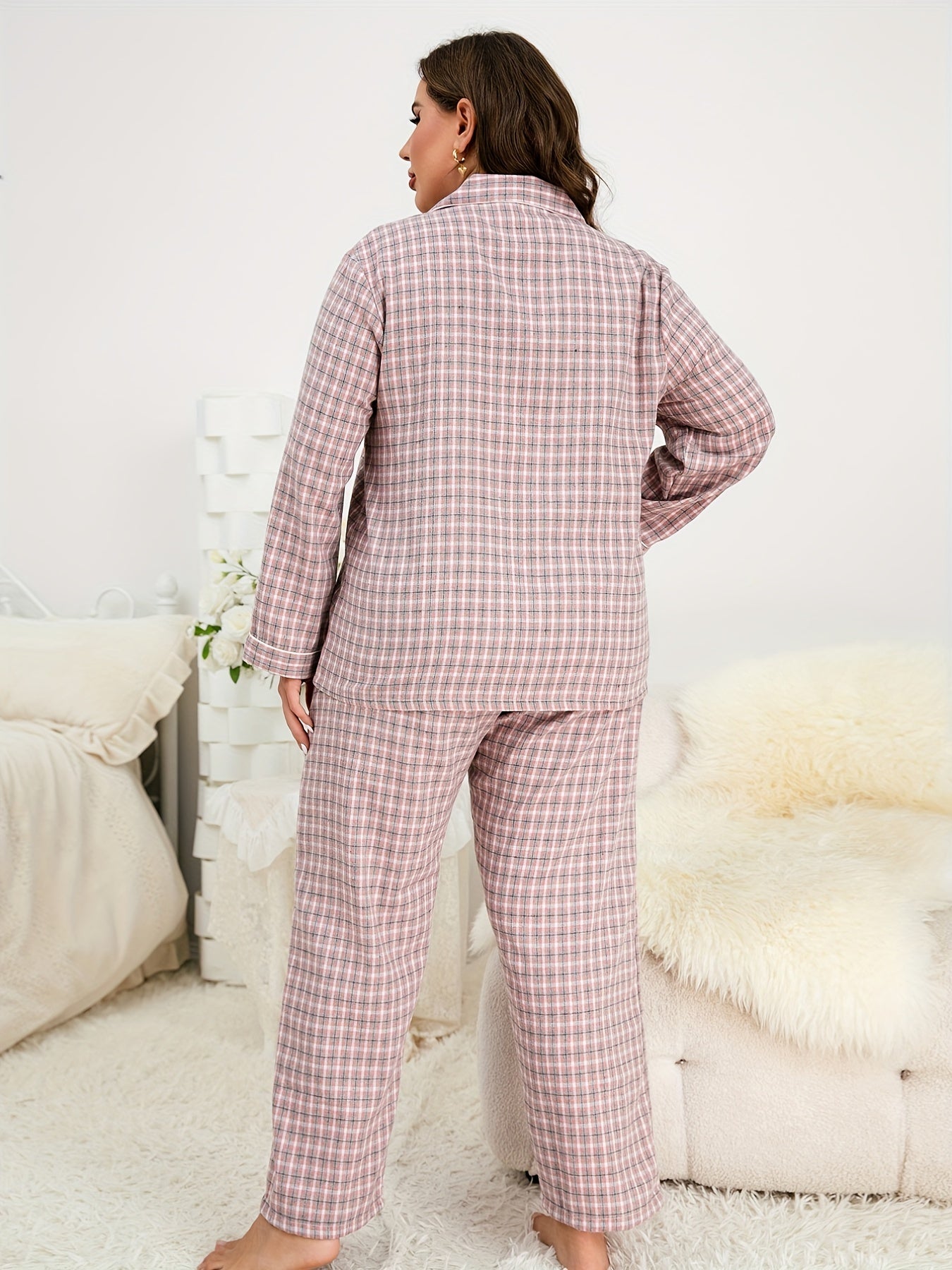  Plaid Print Long Sleeve Pajama Set for Women