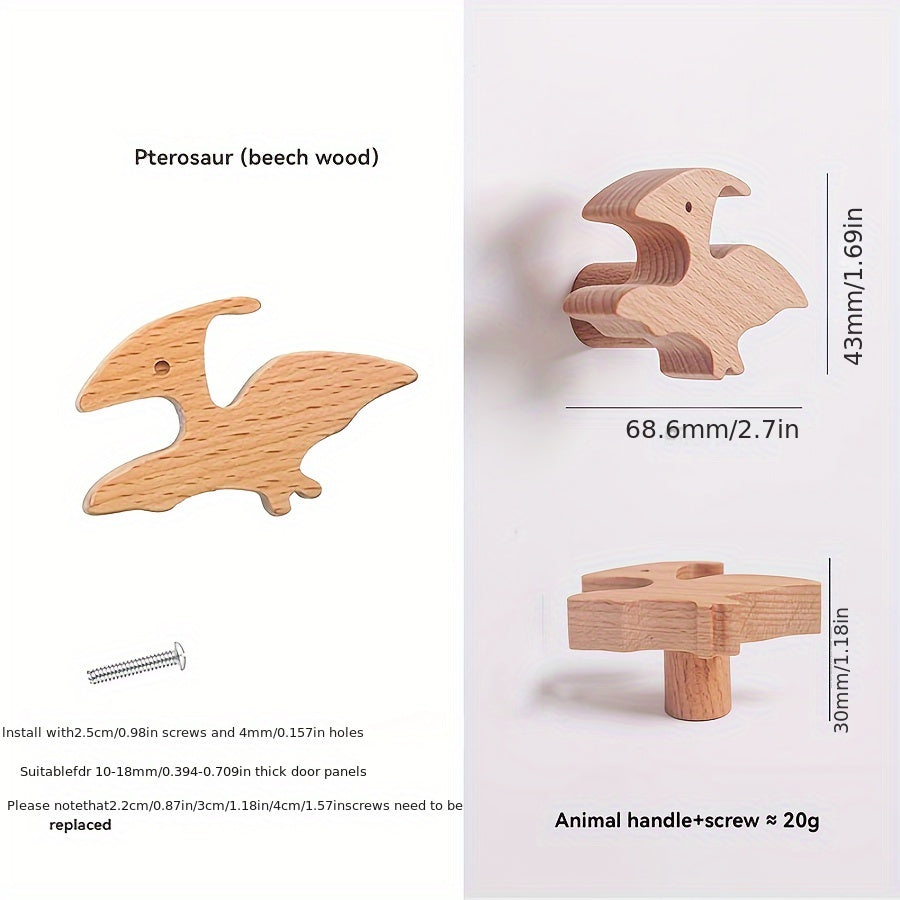 Dino Wooden Cabinet Handle T Rex & Pterosaur Khaki Finish for Kids' Room Doors