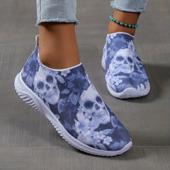 Women's Calavera Print Slip On Sneakers Low Round Toe Lightweight Shoes