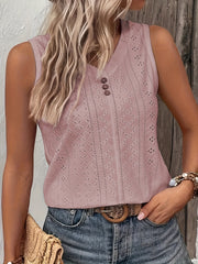  Casual Tank Top Women's Plus Jacquard Eyelet Embroidered Button
