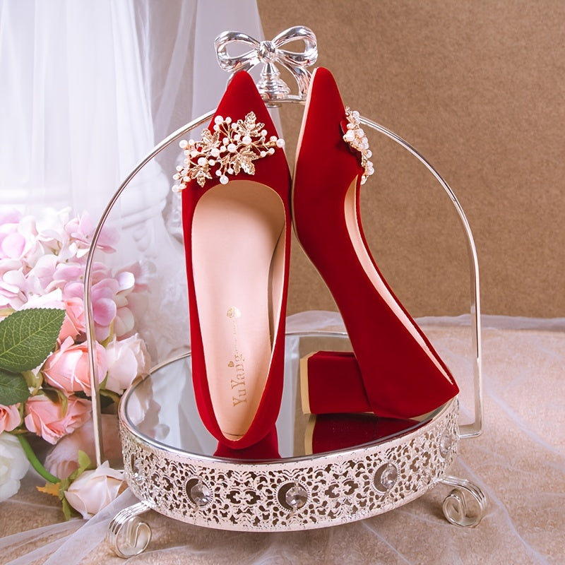 Pearl High Heels Block Heeled Pointed Toe Wedding Shoes