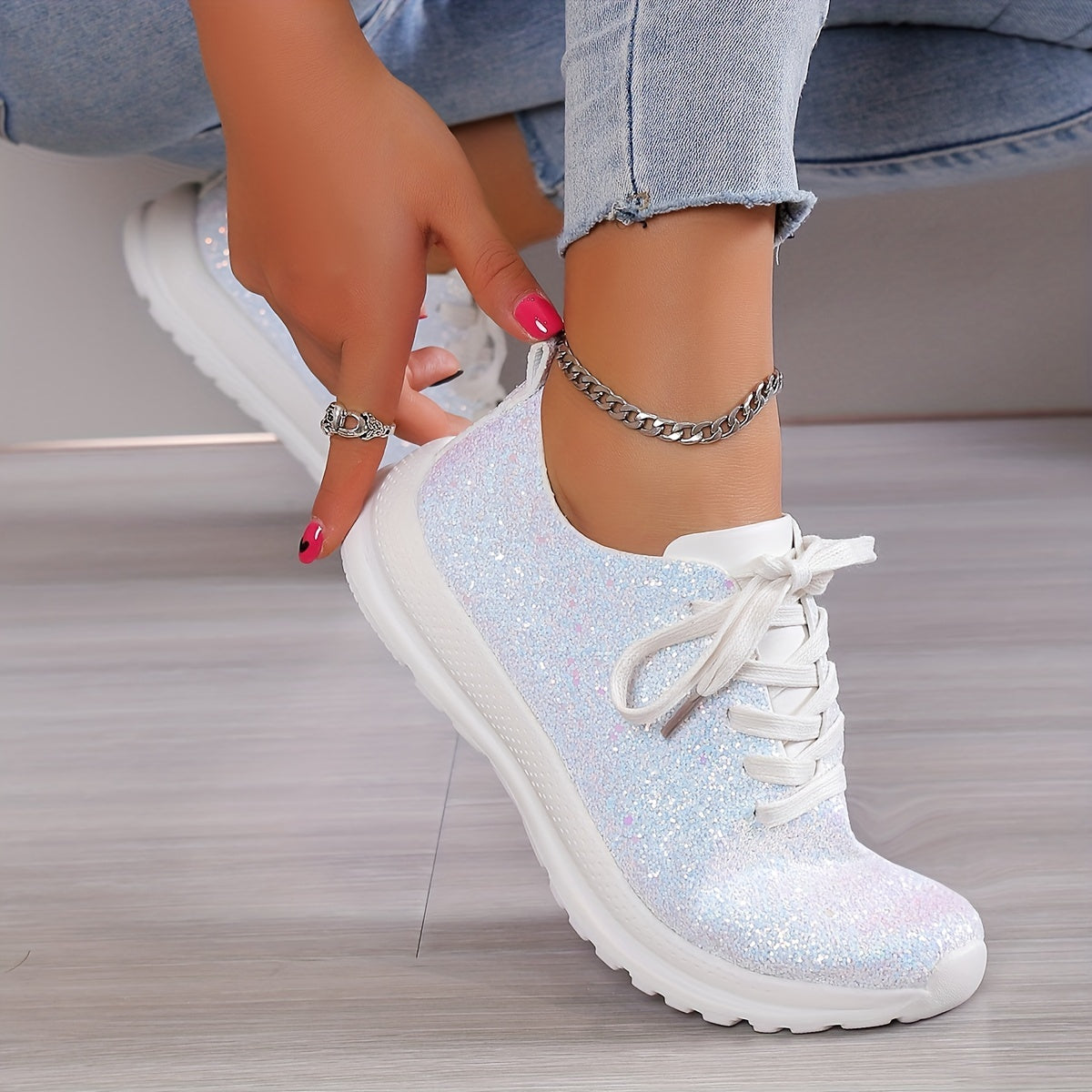Women's Glitter Sequins Sneakers Lace Up Outdoor Shoes