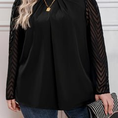  Chevron Print Mesh Sleeve Ruched Blouse