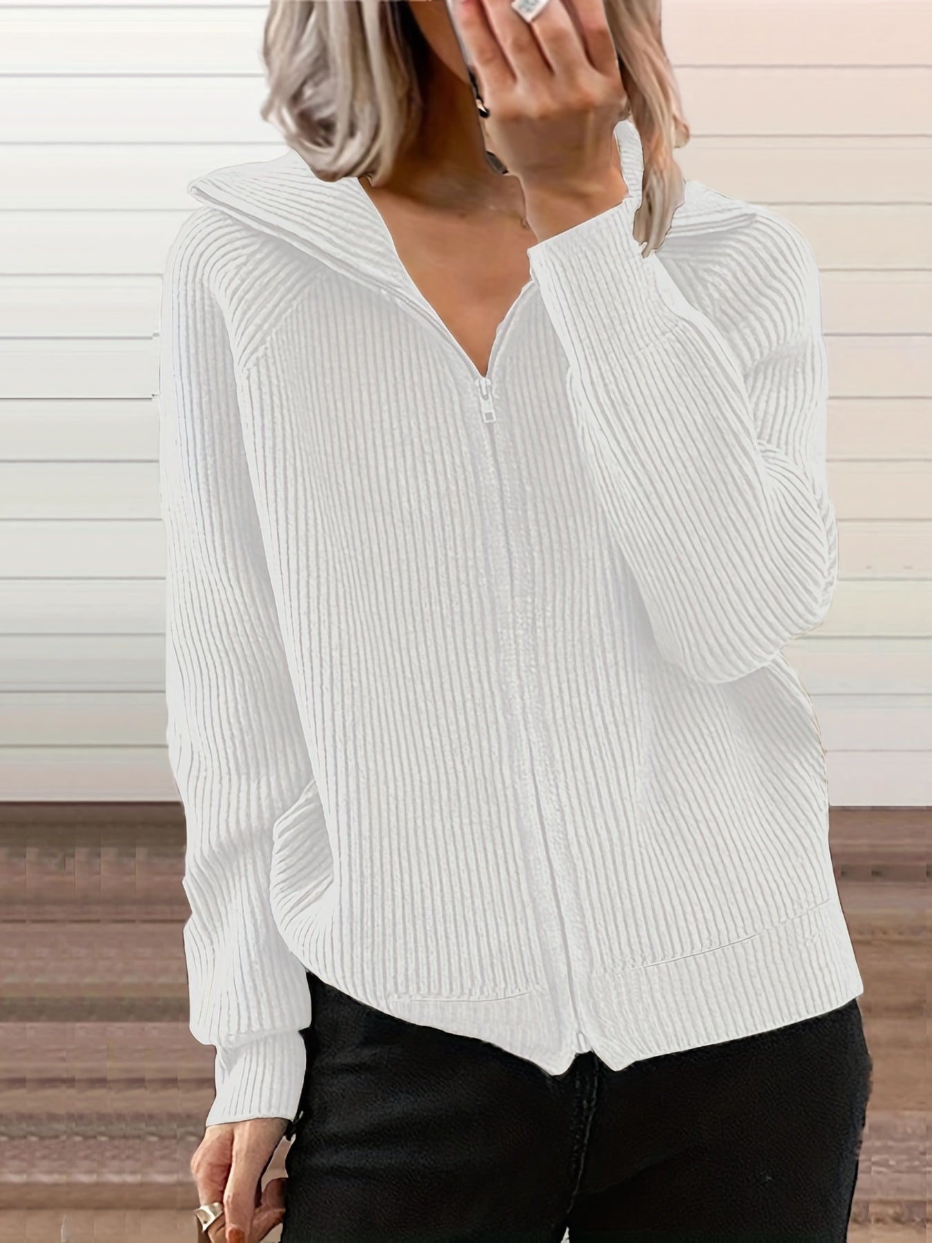  Solid Ribbed Long Sleeve Zipper Overcoat
